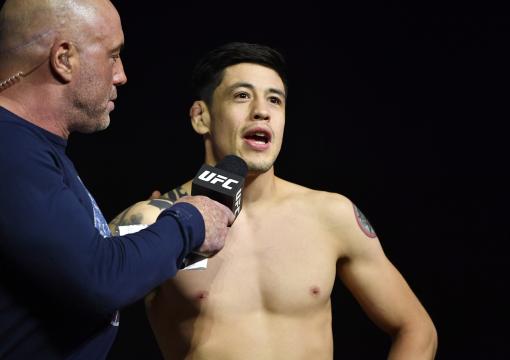Brandon Moreno of Mexico is interviewed by Joe Rogan during the UFC 263 ceremonial weigh-in at Gila River Arena on June 11, 2021 in Glendale, Arizona. (Photo by Mike Roach/Zuffa LLC)