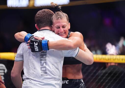 Kayla Harrison reacts to her win during the UFC 300 event at T-Mobile Arena on April 13, 2024 in Las Vegas, Nevada. (Photo by Cooper Neill/Zuffa LLC via Getty Images)