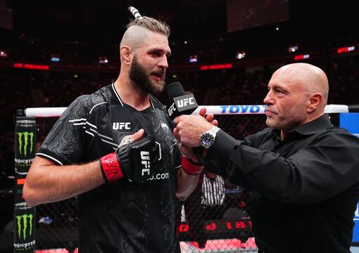 Joe Rogan interviews Jiri Prochazka of the Czech Republic in a light heavyweight fight during the UFC 300 event at T-Mobile Arena on April 13, 2024 in Las Vegas, Nevada. (Photo by Jeff Bottari/Zuffa LLC via Getty Images)