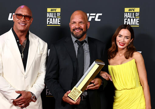 Mark Kerr poses with Dwayne Johnson and Emily Blunt on the red carpet prior to the UFC Hall of Fame Class of 2025 Induction Ceremony at T-Mobile Arena on June 26, 2025 in Las Vegas, Nevada. (Photo by Mike Kirschbaum/Zuffa LLC)