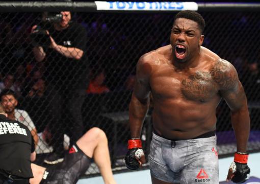 UTICA, NY - JUNE 01:  (R-L) Walt Harris celebrates after defeating Daniel Spitz in their heavyweight fight during the UFC Fight Night event at the Adirondack Bank Center on June 1, 2018 in Utica, New York. (Photo by Josh Hedges/Zuffa LLC/Zuffa LLC via Get