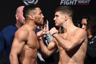 MILWAUKEE, WISCONSIN - DECEMBER 14: (L-R) Opponents Kevin Lee and Al Iaquinta face off during the UFC Fight Night weigh-in at Fiserv Forum on December 14, 2018 in Milwaukee, Wisconsin. (Photo by Jeff Bottari/Zuffa LLC/Zuffa LLC via Getty Images)