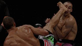 RIO DE JANEIRO, BRAZIL - JANUARY 14: Edson Barboza (L) knocks out Terry Etim (R) with a spinning back kick in a lightweight bout during UFC 142 at HSBC Arena on January 14, 2012 in Rio de Janeiro, Brazil. (Photo by Josh Hedges/Zuffa LLC/Zuffa LLC via Getty Images)
