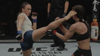 PHILADELPHIA, PA - MARCH 30: (L-R) Michelle Waterson kicks Karolina Kowalkiewicz of Poland in their women's strawweight bout during the UFC Fight Night Event event at Wells Fargo Center on March 30, 2019 in Philadelphia, Pennsylvania. (Photo by Josh Hedges/Zuffa LLC/Zuffa LLC via Getty Images)