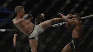 LAS VEGAS, NV - MARCH 04: (L-R) Stephen Thompson kicks Tyron Woodley in their UFC welterweight championship bout during the UFC 209 event at T-Mobile Arena on March 4, 2017 in Las Vegas, Nevada. (Photo by Jeff Bottari/Zuffa LLC/Zuffa LLC via Getty Images)