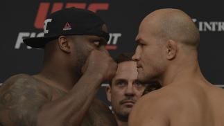 WICHITA, KS - MARCH 08: (L-R) Derrick Lewis and Junior Dos Santos of Brazil face off during the UFC Fight Night weigh-in at the Hyatt Regency Wichita on March 8, 2019 in Wichita, Kansas. (Photo by Josh Hedges/Zuffa LLC/Zuffa LLC via Getty Images)