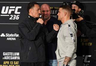 ATLANTA, GA - APRIL 11: Max Holloway and Dustin Poirier face-off for the media during the UFC 236 Ultimate Media Day at Hyatt Regency Atlanta on April 11, 2019 in Atlanta, Georgia. (Photo by Josh Hedges/Zuffa LLC/Zuffa LLC via Getty Images)