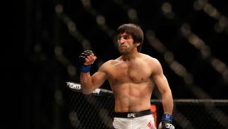 LAS VEGAS, NV - DECEMBER 12: Magomed Mustafaev of Russia reacts to his victory over Joe Proctor in their lightweight bout during the UFC 194 event inside MGM Grand Garden Arena on December 12, 2015 in Las Vegas, Nevada. (Photo by Christian Petersen/Zuffa LLC/Zuffa LLC via Getty Images)