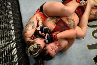 LAS VEGAS, NV - NOVEMBER 30: (L-R) Macy Chiasson secures a rear choke submission against Pannie Kianzad of Denmark during The Ultimate Fighter Finale event inside The Pearl concert theater at Palms Casino Resort on November 30, 2018 in Las Vegas, Nevada. (Photo by Chris Unger/Zuffa LLC/Zuffa LLC via Getty Images)