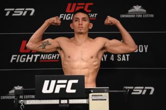 OTTAWA, ON - MAY 03: Vince Morales poses on the scale during the UFC Fight Night weigh-in at Andaz Ottawa Byward Market on March 03, 2019 in Ottawa, Ontario, Canada. (Photo by Jeff Bottari/Zuffa LLC/Zuffa LLC via Getty Images)