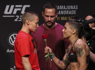 RIO DE JANEIRO, BRAZIL - MAY 10: Opponents Rose Namajunas (L) of the United States is presented a rose from Jessica Andrade of Brazil as they face off during the UFC 237 weigh-in at Jeunesse Arena on May 10, 2019 in Rio de Janeiro, Brazil. (Photo by Buda Mendes/Zuffa LLC/Zuffa LLC via Getty Images)