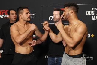 ROCHESTER, NY - MAY 17: (L-R) Rafael Dos Anjos of Brazil and Kevin Lee face off during the UFC Fight Night weigh-in at Rochester Riverside Hotel on May 17, 2019 in Rochester, New York. (Photo by Michael Owens/Zuffa LLC/Zuffa LLC via Getty Images)