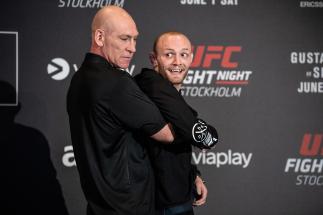 STOCKHOLM, SWEDEN - MAY 30: Chris Fishgold of England reacts after facing off with Makwan Amirkhani of Finland for the media during the UFC Fight Night Ultimate Media Day at Ericsson Globe Arena on May 30, 2019 in Stockholm, Sweden. (Photo by Jeff Bottari/Zuffa LLC/Zuffa LLC via Getty Images)