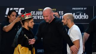 Henry Cejudo and Marlon Moraes of Brazil face off for the media during the UFC 238 Ultimate Media Day at the United Center on June 6, 2019 in Chicago, Illinois. (Photo by Jeff Bottari/Zuffa LLC)