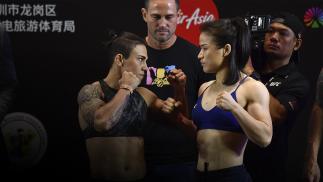 SHENZHEN, CHINA - AUGUST 30: (L-R) Opponents Jessica Andrade of Brazil and Zhang Weili of China face off during the UFC Fight Night weigh-ins at the Futian Shangri-La on August 30, 2019 in Shenzhen, China. (Photo by Brandon Magnus/Zuffa LLC/Zuffa LLC via Getty Images)