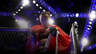 LAS VEGAS, NV - MARCH 02: Weili Zhang of China leaves the octagon after her women's strawweight bout during the UFC 235 event at T-Mobile Arena on March 2, 2019 in Las Vegas, Nevada. (Photo by Christian Petersen/Zuffa LLC/Zuffa LLC)