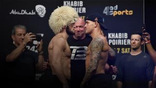 ABU DHABI, UNITED ARAB EMIRATES - SEPTEMBER 06: (L-R) Khabib Nurmagomedov of Russia and Dustin Poirier face off during the UFC 242 weigh-in at The Arena on September 6, 2019 in Abu Dhabi, United Arab Emirates. (Photo by Jeff Bottari/Zuffa LLC/Zuffa LLC via Getty Images)