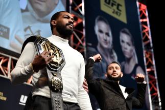Jon Jones and Dominick Reyes face off during the UFC 247 Press Conference at T-Mobile Arena on December 13, 2019 in Las Vegas, Nevada. (Photo by Chris Unger/Zuffa LLC via Getty Images)
