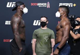Opponents Ovince Saint Preux and Alonzo Menifield face off during the UFC Fight Night weigh-in at UFC APEX on August 21, 2020 in Las Vegas, Nevada. (Photo by Chris Unger/Zuffa LLC via Getty Images)