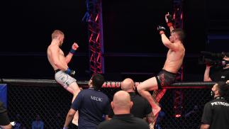 Casey Kenney and Nathaniel Wood of England react after their catchweight bout during the UFC 254 event on October 24, 2020 on UFC Fight Island, Abu Dhabi, United Arab Emirates. (Photo by Josh Hedges/Zuffa LLC)