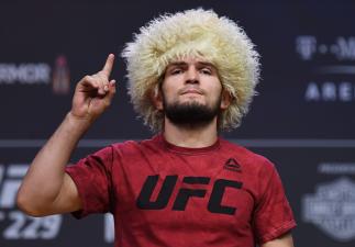 Khabib Nurmagomedov of Russia poses on the scale during the UFC 229 weigh-in inside T-Mobile Arena on October 5, 2018 in Las Vegas, Nevada. (Photo by Josh Hedges/Zuffa LLC)