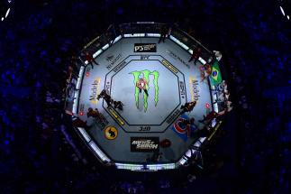 An overhead view of the octagon during the intoduction of Jon Jones and Thiago Santos of Brazil during the UFC 239 event at T-Mobile Arena on July 6, 2019 in Las Vegas, Nevada. (Photo by Zuffa LLC/Zuffa LLC)