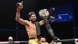 Deiveson Figueiredo celebrates after defeating Joseph Benavidez in their UFC flyweight championship bout on July 19, 2020 on UFC FIGHT ISLAND (Photo by Jeff Bottari/Zuffa LLC)