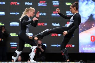 Antonina Shevchenko of Kyrgyzstan performs an open workout for fans and media with her sister Valentina Shevchenko during the UFC Fight Night Open Workouts event at A2 Green Concert Hall on April 17, 2019 in Saint Petersburg, Russia. (Photo by Jeff Bottari/Zuffa LLC/Zuffa LLC via Getty Images)