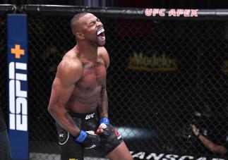 Khaos Williams reacts after his knockout victory over Abdul Razak Alhassan in a welterweight fight during the UFC Fight Night event at UFC APEX on November 14, 2020 in Las Vegas, Nevada. (Photo by Jeff Bottari/Zuffa LLC)