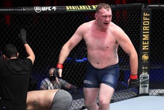 Jared Vanderaa reacts after his victory over Harry Hunsucker in a heavyweight fight during Dana White's Contender Series season four, week eight at UFC APEX on November 04, 2020 in Las Vegas, Nevada. (Photo by Chris Unger/DWCS LLC/Zuffa LLC)