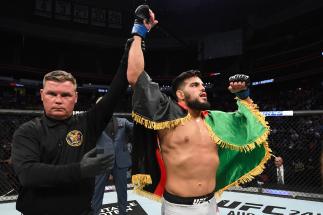 Nasrat Haqparast of Germany celebrates his KO victory over Joaquim Silva of Brazil in their lightweight bout during the UFC Fight Night event at the Prudential Center on August 3, 2019 in Newark, New Jersey. (Photo by Josh Hedges/Zuffa LLC)