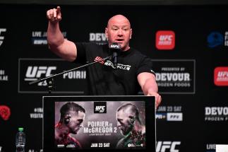 UFC President Dana White interacts with media during the UFC 257 press conference event inside Etihad Arena on UFC Fight Island on January 21, 2021 in Yas Island, Abu Dhabi, United Arab Emirates. (Photo by Jeff Bottari/Zuffa LLC)