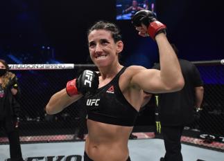 Marina Rodriguez of Brazil reacts after her knockout victory over Amanda Ribas of Brazil in a strawweight fight during the UFC 257 event inside Etihad Arena on UFC Fight Island on January 23, 2021 in Abu Dhabi, United Arab Emirates. (Photo by Jeff Bottari/Zuffa LLC)