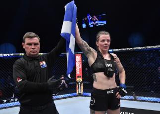 Joanne Calderwood of Scotland reacts after her victory over Jessica Eye in a flyweight fight during the UFC 257 event inside Etihad Arena on UFC Fight Island on January 23, 2021 in Abu Dhabi, United Arab Emirates. (Photo by Jeff Bottari/Zuffa LLC)