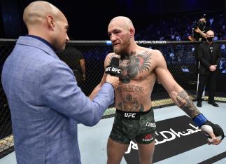 Conor McGregor of Ireland reacts after his TKO loss to Dustin Poirier in a lightweight fight during the UFC 257 event inside Etihad Arena on UFC Fight Island on January 23, 2021 in Abu Dhabi, United Arab Emirates. (Photo by Jeff Bottari/Zuffa LLC)