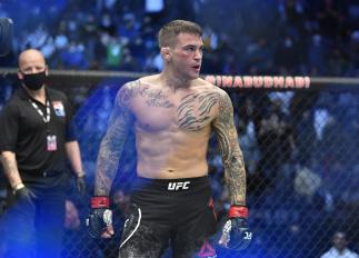 Dustin Poirier reacts after his knockout victory over Conor McGregor of Ireland in a lightweight fight during the UFC 257 event inside Etihad Arena on UFC Fight Island on January 23, 2021 in Abu Dhabi, United Arab Emirates. (Photo by Chris Unger/Zuffa LLC)