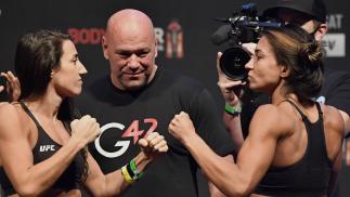 Marina Rodriguez of Brazil and Amanda Ribas of Brazil face off during the UFC 257 weigh-in at Etihad Arena on UFC Fight Island on January 22, 2021 in Abu Dhabi, United Arab Emirates. (Photo by Jeff Bottari/Zuffa LLC)