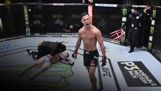 Tyson Nam reacts after his knockout victory over Zarrukh Adashev of Uzbekistan in their bantamweight fight during the UFC Fight Night event at UFC APEX on June 13, 2020 in Las Vegas, Nevada. (Photo by Chris Unger/Zuffa LLC)