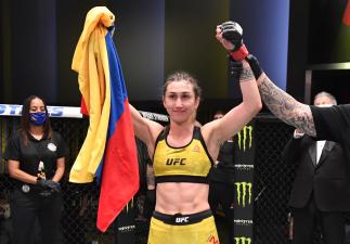 Sabina Mazo of Colombia reacts after her submission victory over Justine Kish of Russia in a flyweight fight during the UFC Fight Night event at UFC APEX on September 12, 2020 in Las Vegas, Nevada. (Photo by Jeff Bottari/Zuffa LLC)