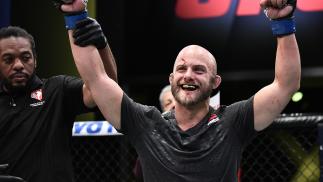 Justin Jaynes reacts after his victory over Frank Camacho in their lightweight bout during the UFC Fight Night event at UFC APEX on June 20, 2020 in Las Vegas, Nevada. (Photo by Chris Unger/Zuffa LLC)