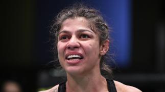Mayra Bueno Silva of Brazil reacts after her submission victory over Mara Romero Borella in their flyweight bout during the UFC Fight Night event at UFC APEX on September 19, 2020 in Las Vegas, Nevada. (Photo by Chris Unger/Zuffa LLC)