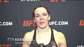 Alexis Davis reacts after her unanimous decision over bantamweight Sabina Mazo at UFC Fight Night: Rozenstruik vs Gane on February 27, 2021.