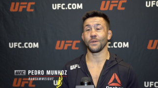 Pedro Munhoz reacts with UFC.com after his unanimous decision victory over bantamweight Jimmie Rivera at UFC Fight Night: Rozenstruik vs Gane on February 27, 2021.