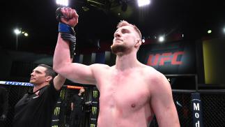 Alexander Volkov of Russia reacts after his knockout victory over Alistair Overeem of the Netherlands in their heavyweight fight during the UFC Fight Night event at UFC APEX on February 06, 2021 in Las Vegas, Nevada. (Photo by Chris Unger/Zuffa LLC)