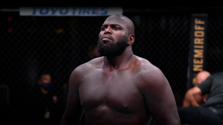 Jairzinho Rozenstruik of Suriname reacts after his knockout victory over Junior Dos Santos of Brazil in their heavyweight bout during the UFC 252 event at UFC APEX on August 15, 2020 in Las Vegas, Nevada. (Photo by Jeff Bottari/Zuffa LLC)