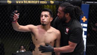 Adrian Yanez reacts after his knockout victory over Victor Rodriguez in a bantamweight bout during the UFC Fight Night event at UFC APEX on October 31, 2020 in Las Vegas, Nevada. (Photo by Jeff Bottari/Zuffa LLC)