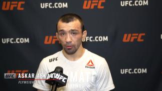 Askar Askarov reacts with UFC.com after his unanimous decision victory over flyweight Joseph Benavidez at UFC 259: Blachowicz vs Adesanya on March 6, 2021.