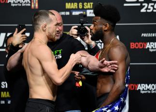 Opponents Petr Yan of Russia and Aljamain Sterling face off during the UFC 259 weigh-in at UFC APEX on March 05, 2021 in Las Vegas, Nevada. (Photo by Jeff Bottari/Zuffa LLC)