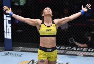 Amanda Lemos of Brazil reacts after her victory over Livinha Souza of Brazil in their strawweight fight during the UFC 259 event at UFC APEX on March 06, 2021 in Las Vegas, Nevada. (Photo by Jeff Bottari/Zuffa LLC)