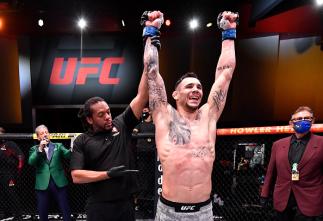 Aleksandar Rakic of Serbia reacts after his decision victory over Thiago Santos of Brazil in their light heavyweight fight during the UFC 259 event at UFC APEX on March 06, 2021 in Las Vegas, Nevada. (Photo by Jeff Bottari/Zuffa LLC)